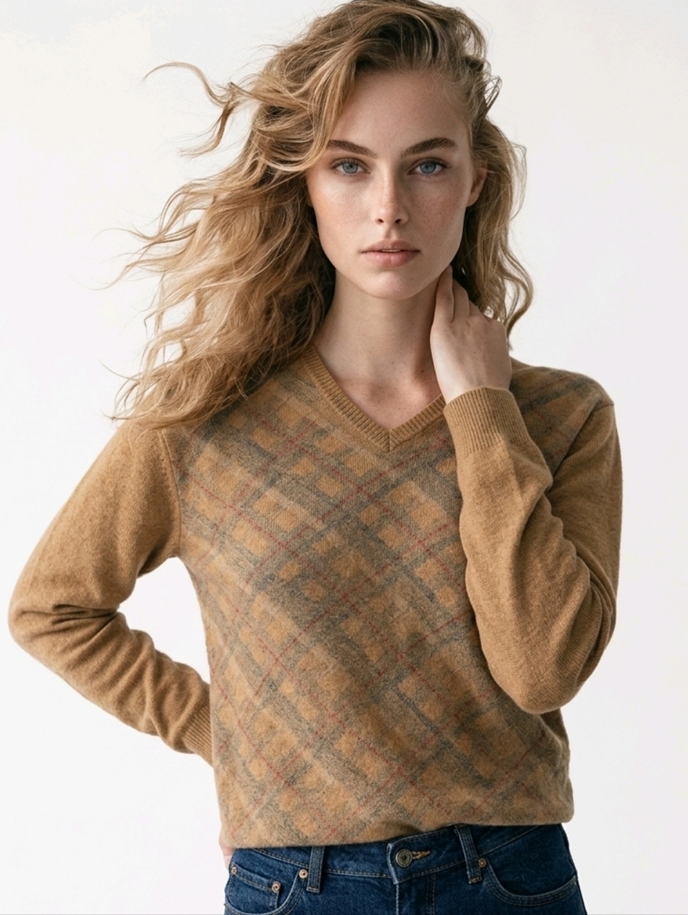 Banana Republic Vintage Men's Plaid Tan Merino Wool V-Neck Sweater XL